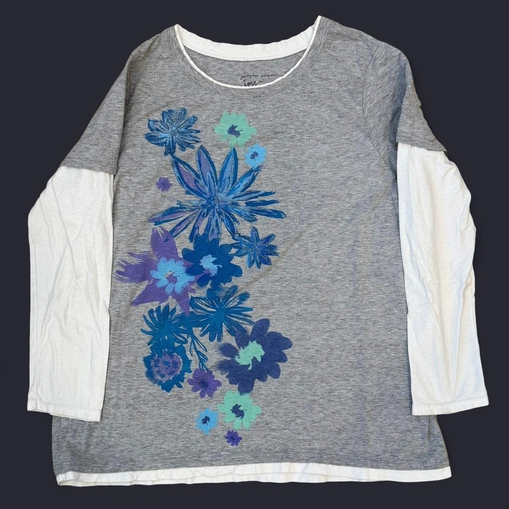 Just My Size Long Sleeve Layered Gray Floral Shirt Women's Size 1X Plus BOHO Y2K